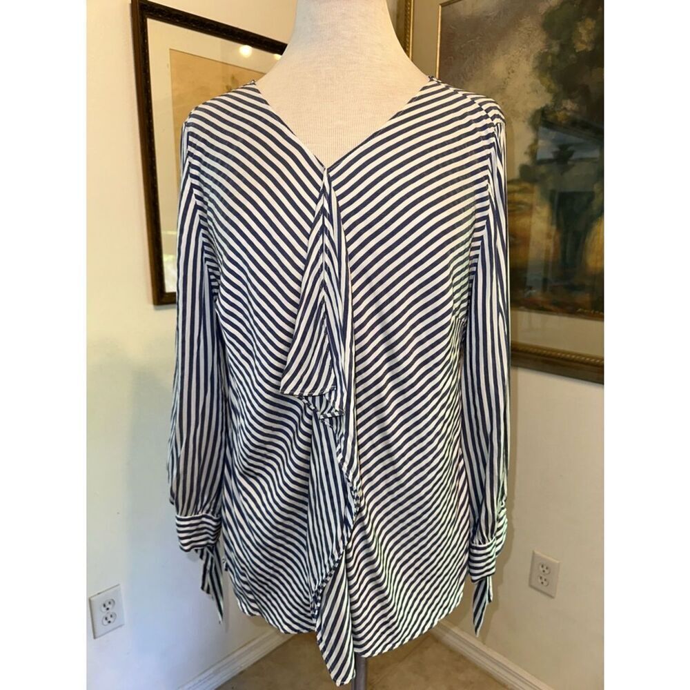 Chico’s Striped Blue and White V-Neck Ruffle Front Tunic Size 1 = Medium